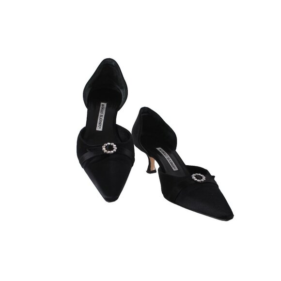 Manolo Blahnik Heels Floran Sz 38 Black Rhinestones Satin Leather Kitten 1.5" - Picture 1 of 13